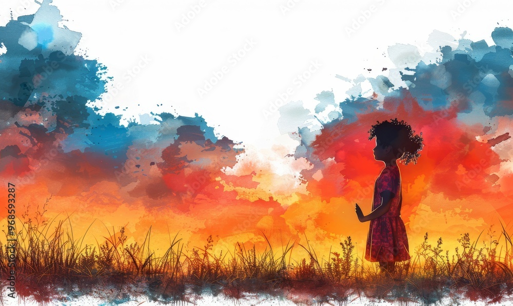 A young girl stands in a vibrant, abstract landscape at sunset, surrounded by colorful clouds and tall grass, evoking a sense of wonder and exploration in nature's beauty A young girl stands in a vibrant, abstract landscape at sunset, surrounded by colorful clouds and tall grass, evoking a sense of wonder and exploration in nature's beauty