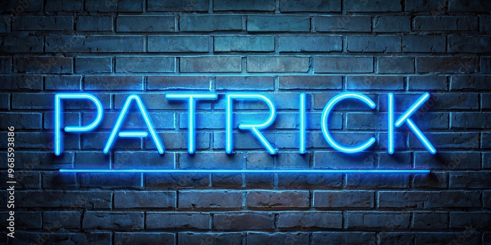 Fototapeta premium blue, urban, neon, stock photo, textured, trendy, Blue neon sign displaying the name Patrick against a textured brick wall is framed to create a vibrant and eye catching stock photo