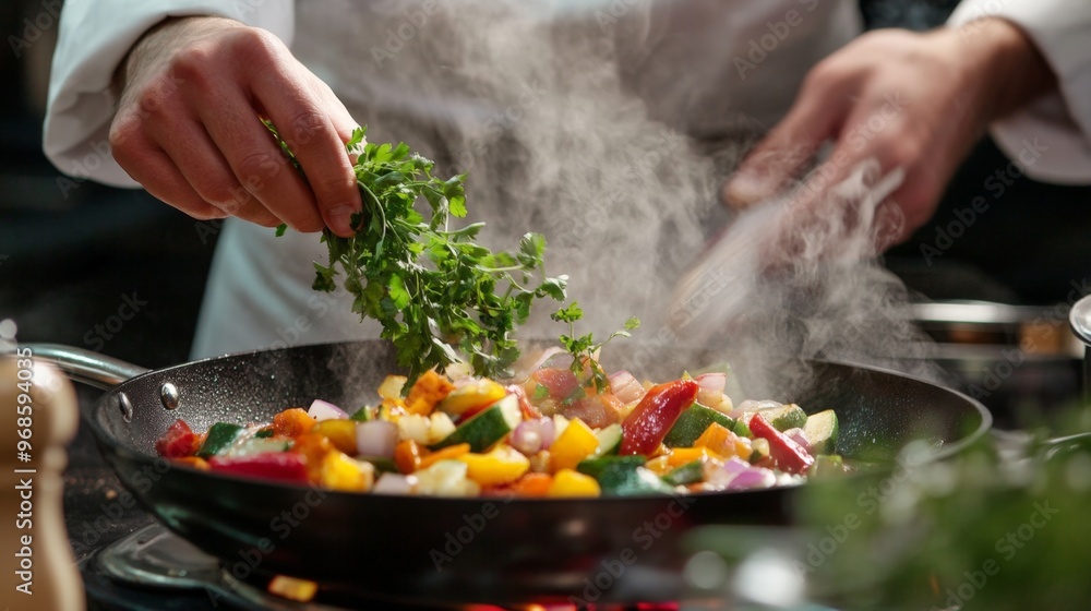 A chefs hands tossing fresh herbs into a sizzling pan of vegetables, steam and vibrant colors adding energy to the shot A chefs hands tossing fresh herbs into a sizzling pan of vegetables, steam and vibrant colors adding energy to the shot