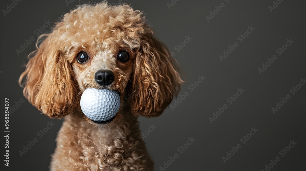 Poodle Elegantly Carrying Golf Ball in Its Mouth Against Minimalist Gray Background Poodle Elegantly Carrying Golf Ball in Its Mouth Against Minimalist Gray Background