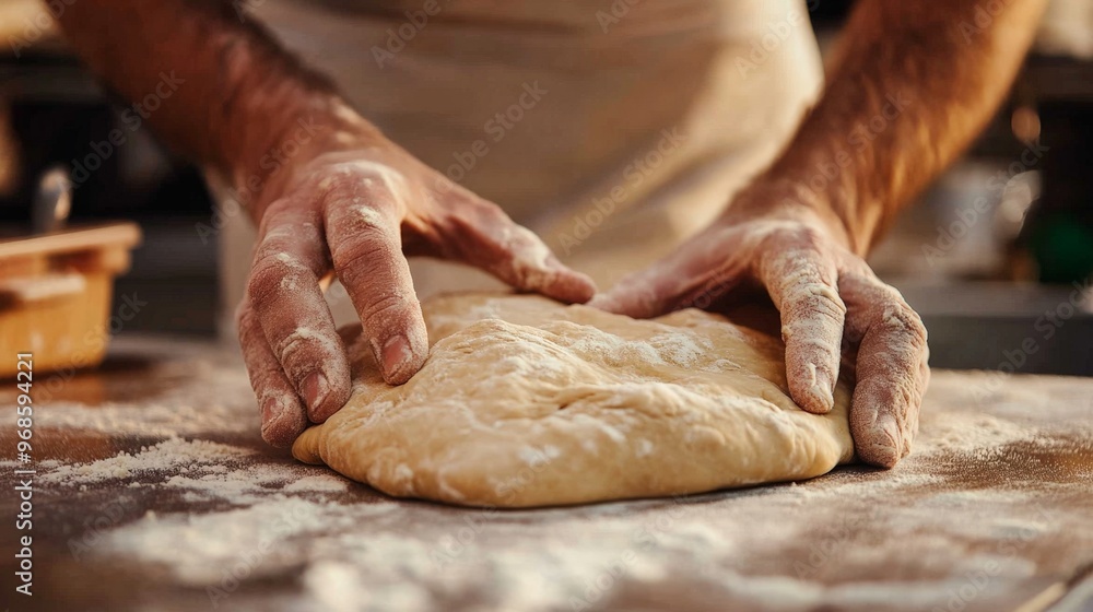 A persons hands kneading dough for pizza on a flour-dusted countertop, emphasizing the texture of the dough A persons hands kneading dough for pizza on a flour-dusted countertop, emphasizing the texture of the dough