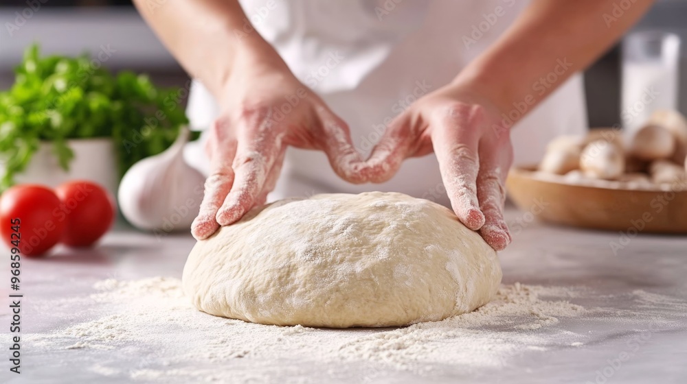 A persons hands kneading dough for pizza on a flour-dusted countertop, emphasizing the texture of the dough A persons hands kneading dough for pizza on a flour-dusted countertop, emphasizing the texture of the dough