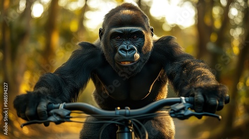 Gorilla Riding Bicycle Handlebars, Smiling at the Camera, Forest Background, Hyper-Realistic, High-Resolution Photography, Cinematic Style