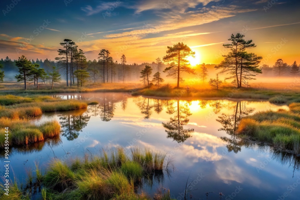 Obraz premium Enchanting marsh surface in the soft light of the rising sun reflected, idyllic, atmospheric, environment, tranquility, peaceful, flora, wetland, enchanting, reeds, outdoors, wildlife,marsh