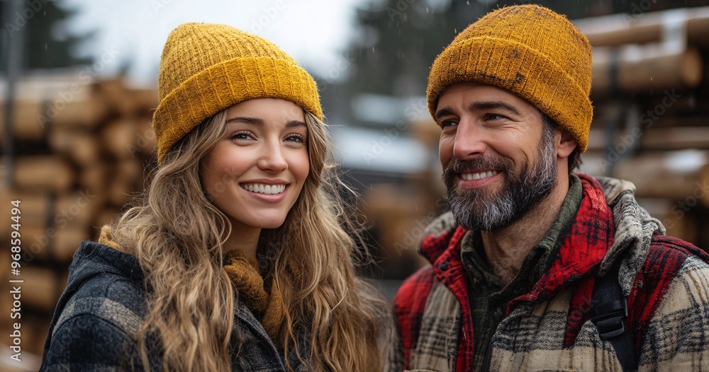 A friendly couple smiles warmly while wearing matching yellow hats in a cozy outdoor setting surrounded by logs. A friendly couple smiles warmly while wearing matching yellow hats in a cozy outdoor setting surrounded by logs.