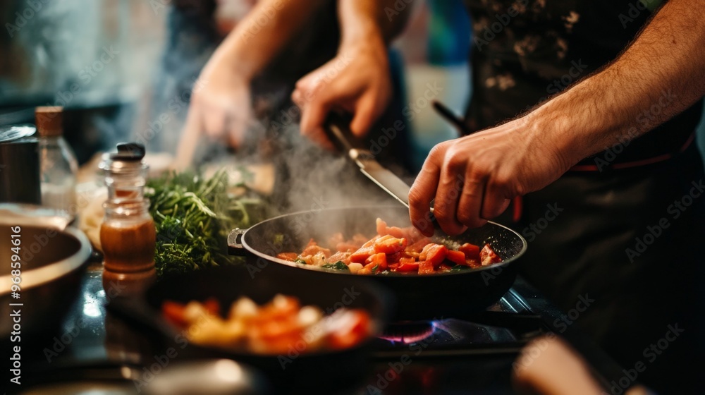 A couple cooking together, one chopping vegetables while the other seasons a pan of simmering ingredients A couple cooking together, one chopping vegetables while the other seasons a pan of simmering ingredients
