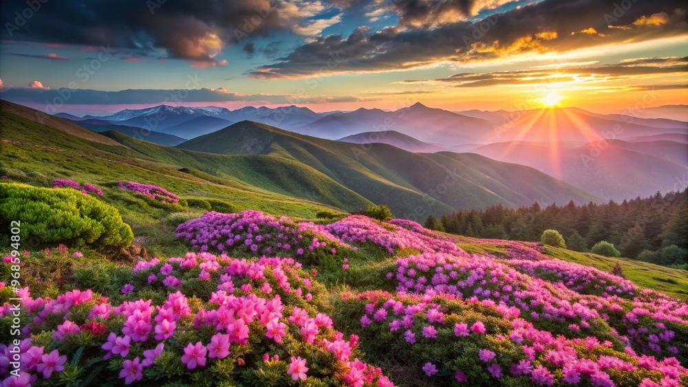 Flowering Carpathian rhododendron illuminated by the evening light in the picturesque Carpathian mountains, evening light, mountain range, Carpathians, European, alpine plants, natural Flowering Carpathian rhododendron illuminated by the evening light in the picturesque Carpathian mountains, evening light, mountain range, Carpathians, European, alpine plants, natural