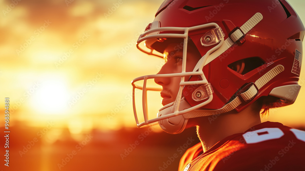 Football Player On Sideline at Sunset, Jersey in Focus Football Player On Sideline at Sunset, Jersey in Focus