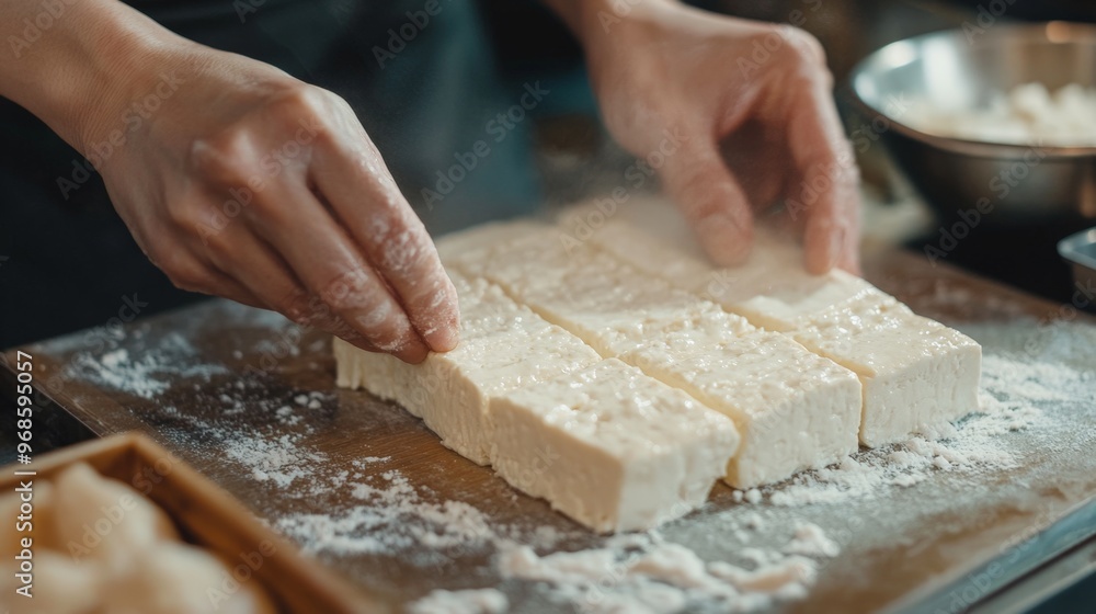 A persons hands pressing tofu into a mold for homemade dishes, highlighting the textures of the ingredients A persons hands pressing tofu into a mold for homemade dishes, highlighting the textures of the ingredients
