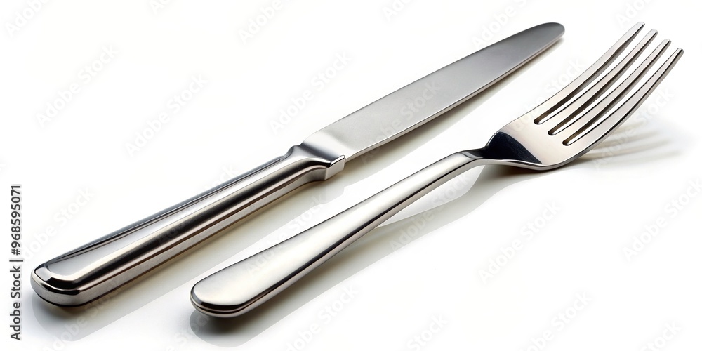 object, dining, silverware, food, eating, worm's eye view, tableware, Knife and fork isolated on white background as seen from a low angle emphasizing their shape and functionality object, dining, silverware, food, eating, worm's eye view, tableware, Knife and fork isolated on white background as seen from a low angle emphasizing their shape and functionality