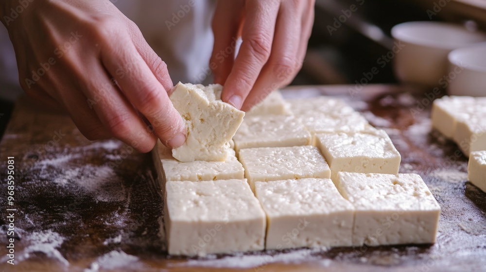 A persons hands pressing tofu into a mold for homemade dishes, highlighting the textures of the ingredients A persons hands pressing tofu into a mold for homemade dishes, highlighting the textures of the ingredients