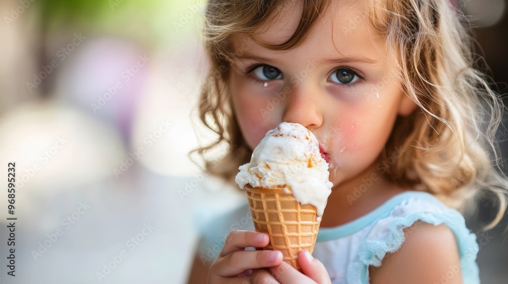 A young girl holding an ice cream cone, with melting ice cream dripping down her fingers as she takes a bite A young girl holding an ice cream cone, with melting ice cream dripping down her fingers as she takes a bite