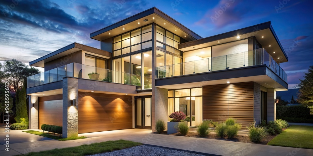 A contemporary two story house with large glass windows and an illuminated LED streetlight at night, lighting, architecture, contemporary, residential, night,modern house, modernism A contemporary two story house with large glass windows and an illuminated LED streetlight at night, lighting, architecture, contemporary, residential, night,modern house, modernism
