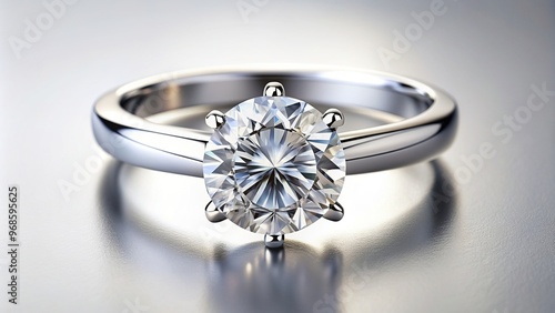 A stunning solitaire diamond ring set in white gold stands elegantly in the spotlight on a clean white background, sparkle, elegant, wedding, eternity, jewelry, engagement, love, clean