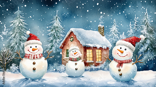 Winter holiday background banner cute snowman Merry christmas and happy new year