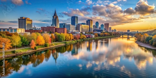 Fototapeta Naklejka Na Ścianę i Meble -  A serene view of the Cumberland River flowing through Nashville Tennessee during a crisp fall morning, serene, calm, stock image, flowing, fall, river, autumn, reflection, landscape