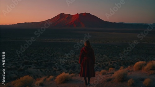 Moody Film Still: Epic Red Landscape and Silhouette Shot in Ron Fricke's Style photo