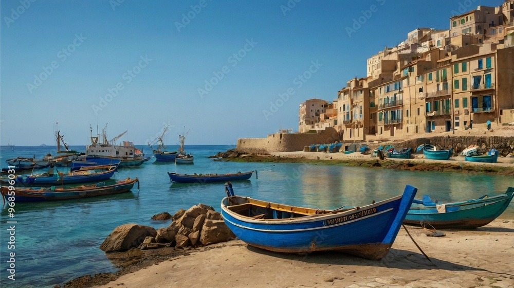 Fototapeta premium An Impressionist Snapshot of Coastal City Life with Blue Boats