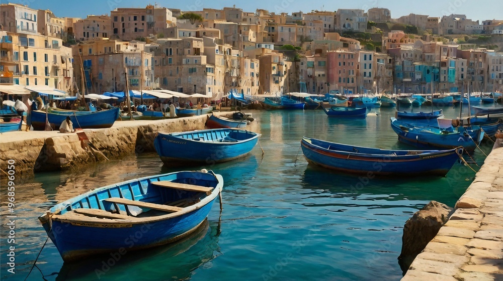 Fototapeta premium Vibrant Blue Boats and Coastal Life in Impressionist Style