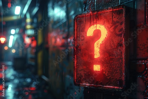 A glowing red question mark sign on a rainy cyberpunk street.