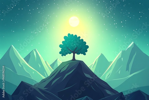 mountain illustration landscape with a large moon and clear cky, with tree silhouette photo