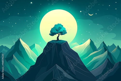 mountain illustration landscape with a large moon and clear cky, with tree silhouette photo