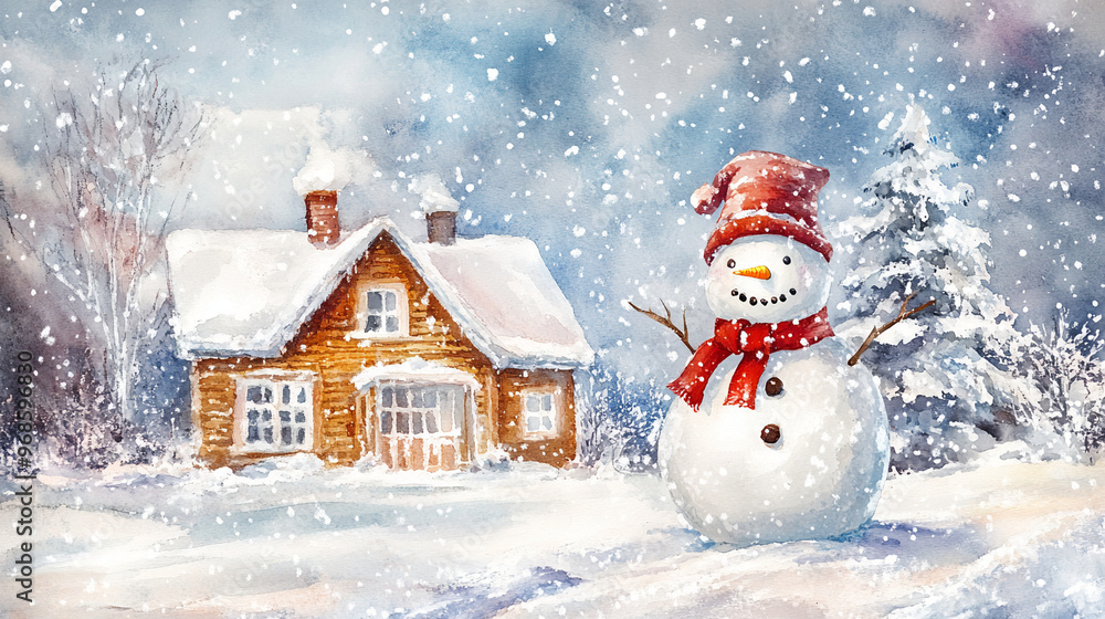 Obraz premium Winter holiday background banner cute snowman Merry christmas and happy new year