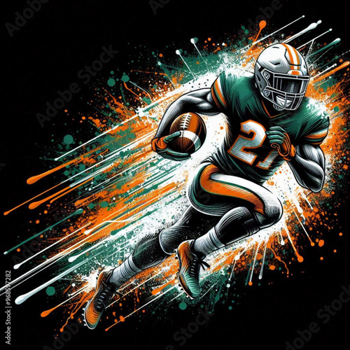 American football player running with intense energy and colorful splashes

