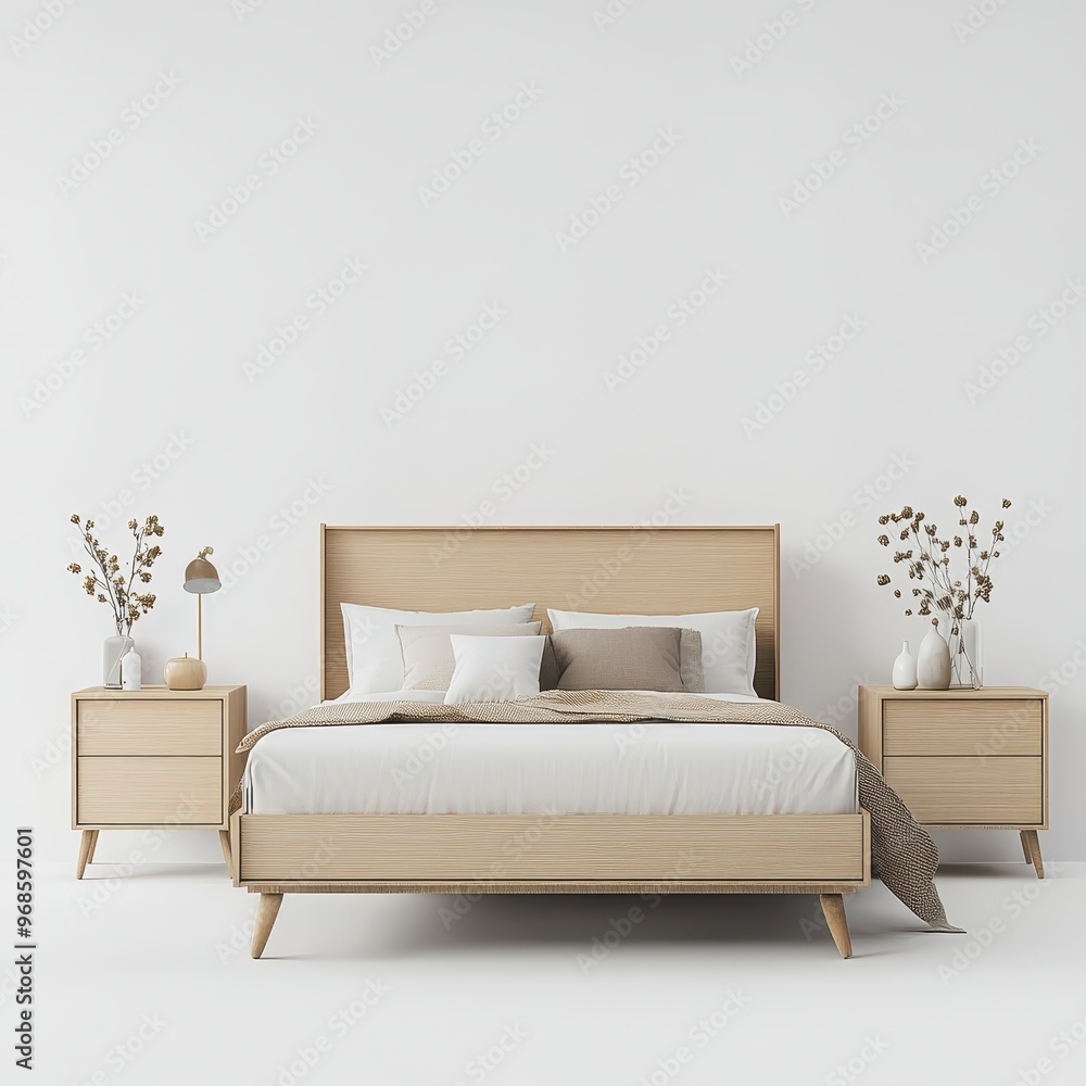 A minimalist bedroom featuring a wooden bed, nightstands, and decorative plants. A minimalist bedroom featuring a wooden bed, nightstands, and decorative plants.
