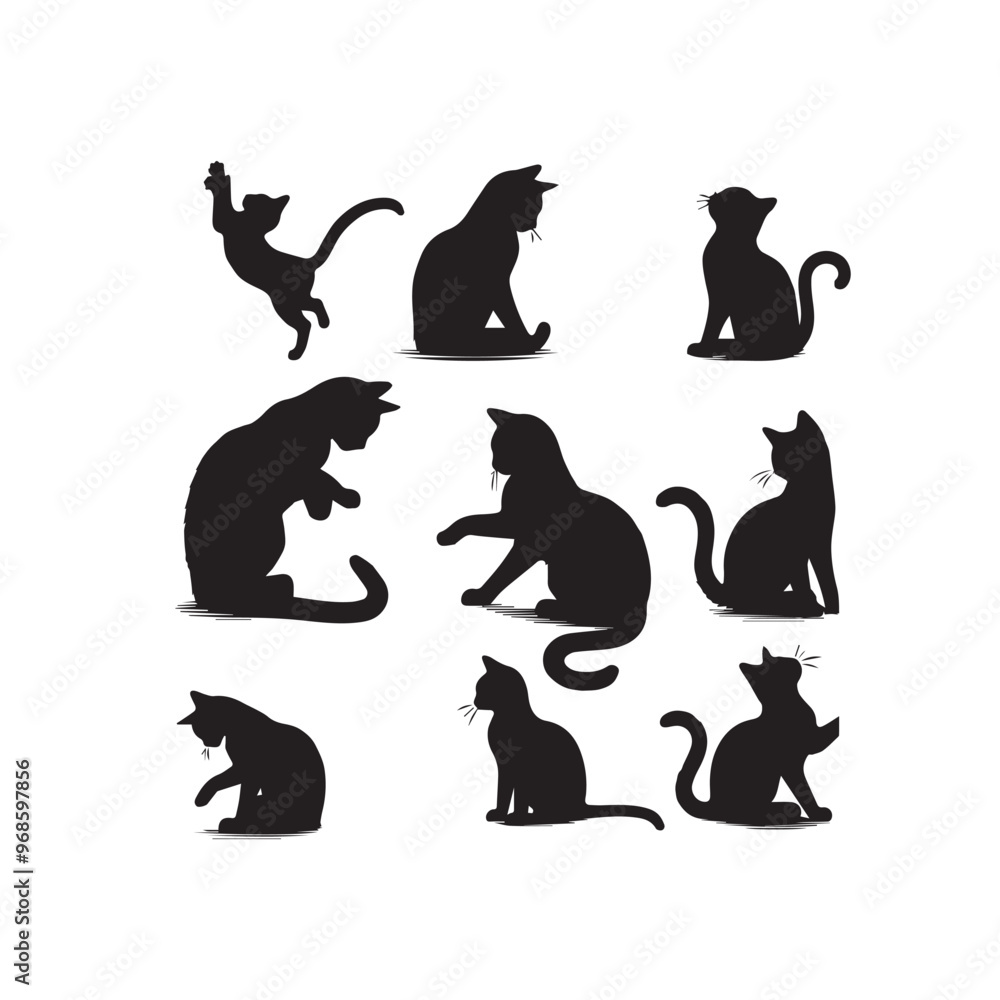 Cat silhouette. Cat playing vector illustration black and white. Funny cat logo, icon. Cat silhouette. Cat playing vector illustration black and white. Funny cat logo, icon.