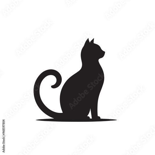 Cat silhouette. Cat playing vector illustration black and white. Funny cat logo, icon.