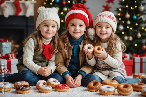 winter collage with little children in stylish clothes, with christmas gifts, decorations and tasty donuts