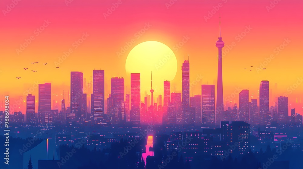Sunset over a City Skyline with a Tall Tower Sunset over a City Skyline with a Tall Tower