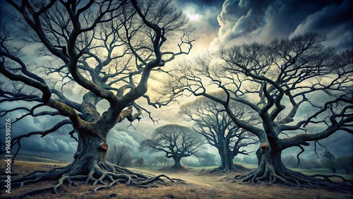 Gnarled trees loom large, their knotted branches and exposed roots spreading dark, foreboding shadows under a grey, photo