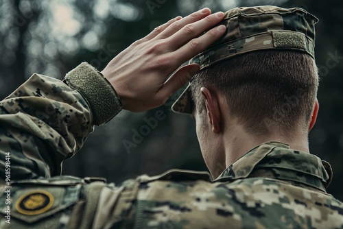 A soldier stands resolutely in salute, embodying unwavering loyalty and commitment, with their uniform's insignia boldly highlighted.