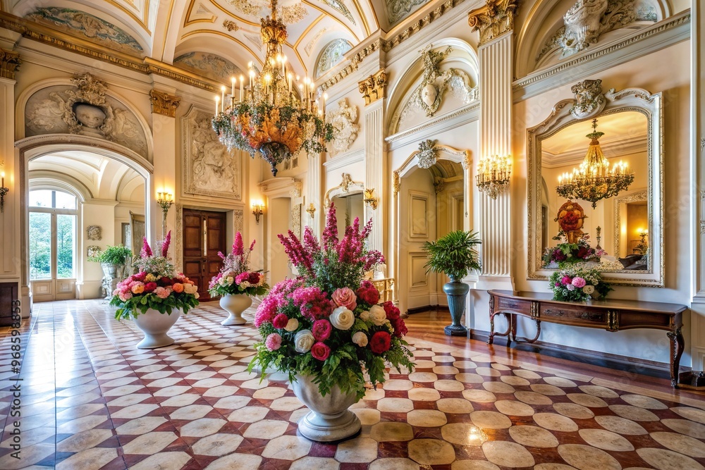 natural light, floral arrangements, castle,luxury, lobby, aerial, Luxury baroque style castle lobby with elegant floral arrangements bathed in natural light Aerial natural light, floral arrangements, castle,luxury, lobby, aerial, Luxury baroque style castle lobby with elegant floral arrangements bathed in natural light Aerial
