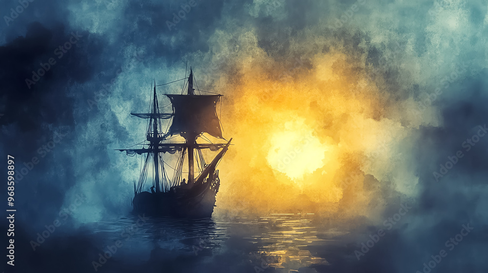 Cursed pirate ship, sailing through an eerie sea of mist, ghostly glow, Watercolor style Cursed pirate ship, sailing through an eerie sea of mist, ghostly glow, Watercolor style