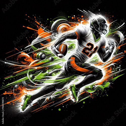American football player running with intense energy and colorful splashes

