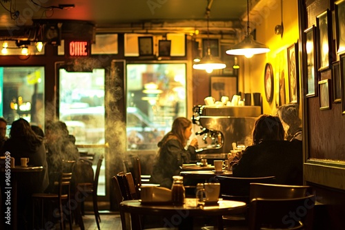 A charming caf√© enveloped in soft guitar melodies and warm wood accents, inviting guests to unwind in a cozy ambiance.