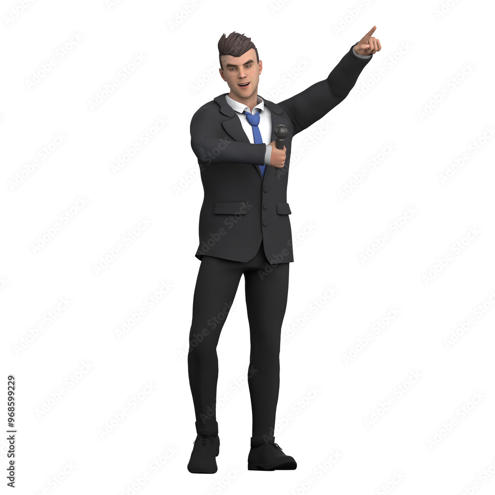 Cartoon Illustration of a Male Lawyer. A male lawyer is holding a microphone and pointing his left hand forward, as if he is giving an important presentation. 3D Style Cartoon Illustration of a Male Lawyer. A male lawyer is holding a microphone and pointing his left hand forward, as if he is giving an important presentation. 3D Style