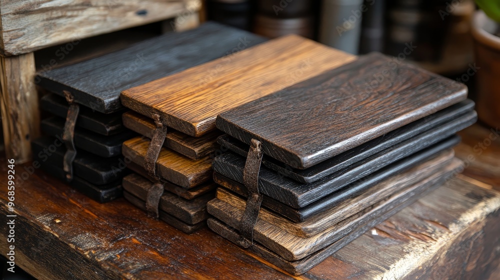 Collection of walnut wood swatches, each featuring a unique rustic antique finish, emphasizing rich browns, subtle grains, and aged charm Collection of walnut wood swatches, each featuring a unique rustic antique finish, emphasizing rich browns, subtle grains, and aged charm