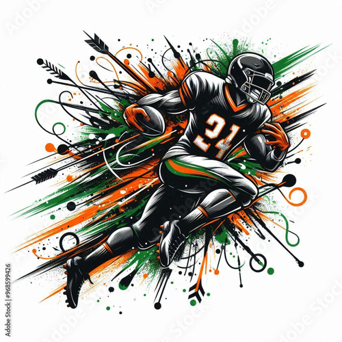 American football player running with intense energy and colorful splashes

