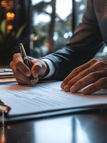 A diligent professional meticulously signing legal documents in a sleek office environment. photo