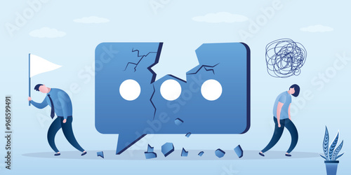 Husband and wife do not speak, conflict, silence. Quarrel problem in communication concept, two business people go away from broken speech bubble and do not talk to each other.