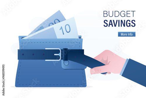Consumer hand uses belt and tighten wallet. Reducing spending and consumption. Money management. Reducing expenses, saving money. Male customer in tight hard budget saving mode.