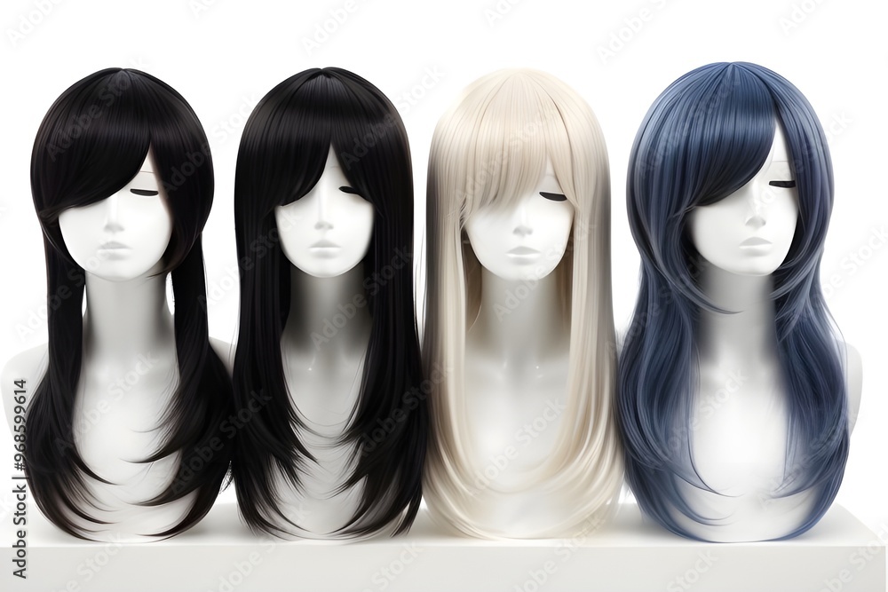 Variety of Colorful Wigs Isolated on White Background Variety of Colorful Wigs Isolated on White Background