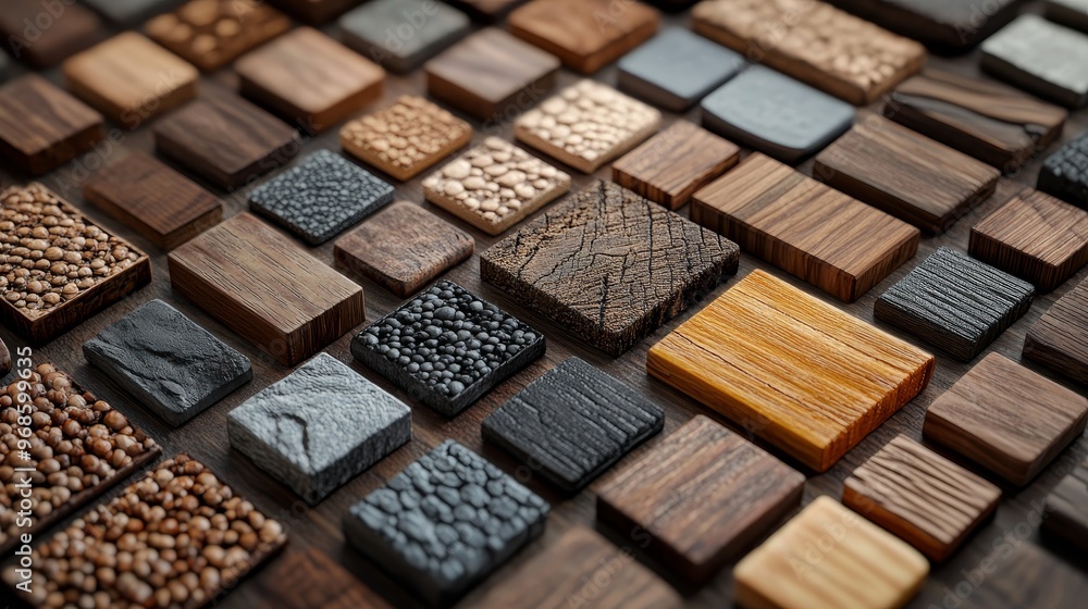 Fototapeta premium Detailed arrangement of walnut wood swatches, showcasing antique finishes and rustic textures, with natural, earthy colors and intricate wood grain patterns