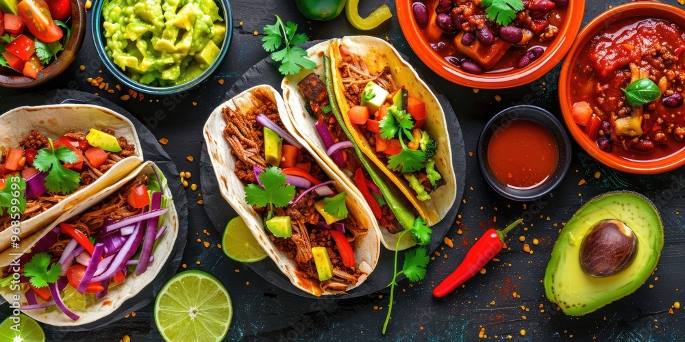 Homemade traditional tacos featuring shredded pork, spicy beef chili, fresh tomato salad, avocado, guacamole, and dipping sauce. Homemade traditional tacos featuring shredded pork, spicy beef chili, fresh tomato salad, avocado, guacamole, and dipping sauce.
