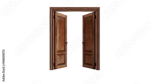 Open brown double door on transparent background