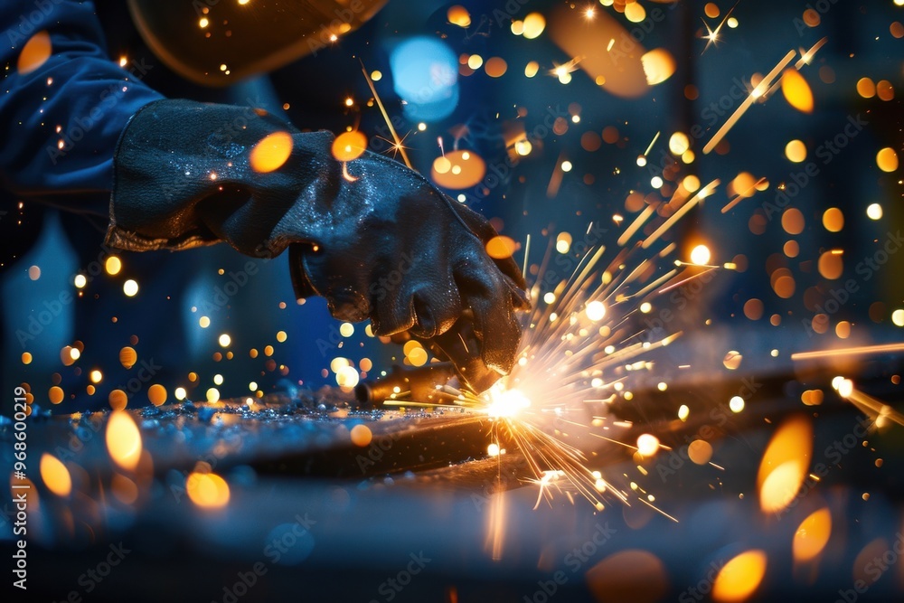 A man in a black helmet and goggles is working with sparks A man in a black helmet and goggles is working with sparks